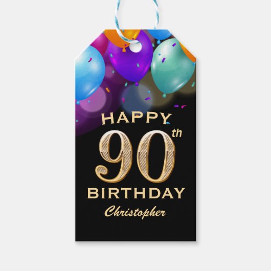 90e verjaardag Zwarte en gouden ballonnen Cadeaulabel (Voorkant)