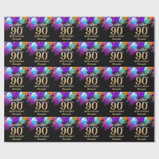 90e verjaardag Zwarte en gouden ballonnen Cadeaupapier (Vlak)