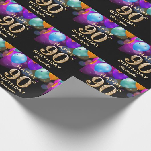 90e verjaardag Zwarte en gouden ballonnen Cadeaupapier (Hoek)