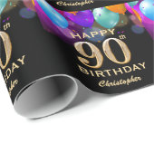 90e verjaardag Zwarte en gouden ballonnen Cadeaupapier (Rol Hoek)