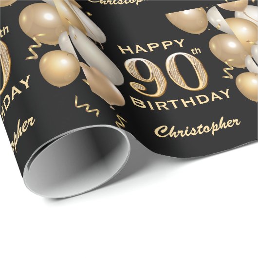 90e verjaardag zwarte en gouden ballonnen cadeaupapier (Rol Hoek)