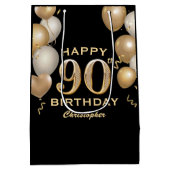 90e verjaardag Zwarte en gouden ballonnen Medium Cadeauzakje (Achterkant)