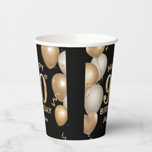 90e verjaardag Zwarte en gouden ballonnen Papieren Bekers (Links)
