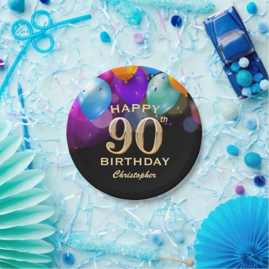 90e verjaardag Zwarte en gouden ballonnen Papieren Bordje (Feest)