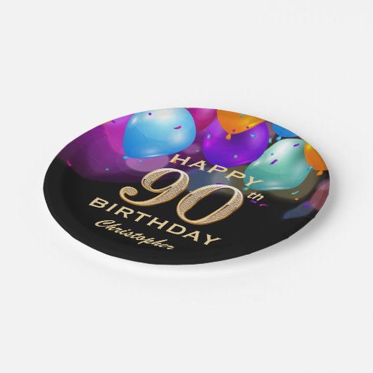 90e verjaardag Zwarte en gouden ballonnen Papieren Bordje (Gekanteld)