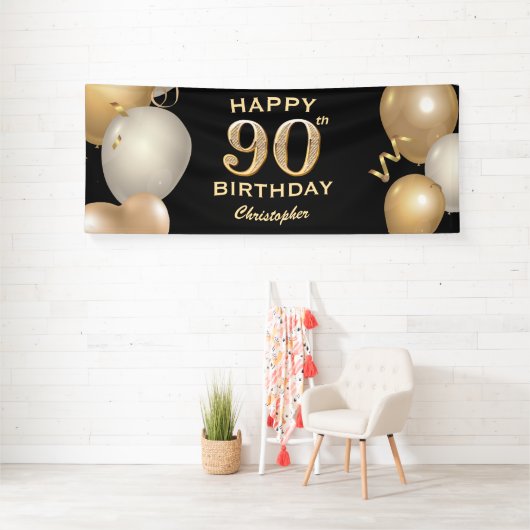 90e verjaardag Zwarte en gouden ballonnen Spandoek (Insitu)
