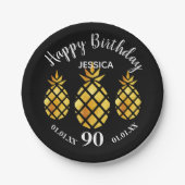 90e verjaardag zwarte gouden anananassen naam papieren bordje (Voorkant)