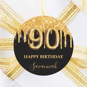 90e verjaardag zwarte gouden ballonpartij glitter ronde sticker