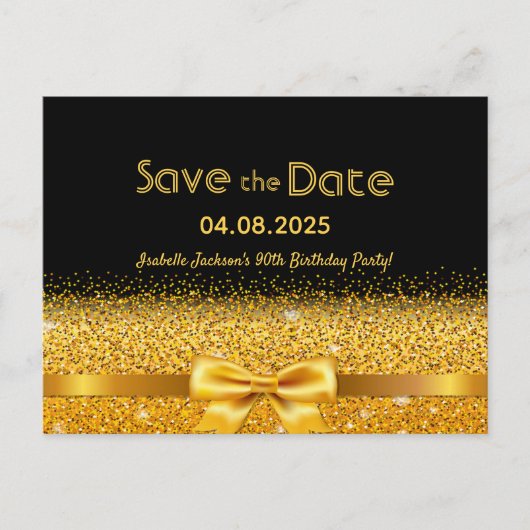 90e verjaardag zwarte gouden boog bespaart datum briefkaart (Voorkant)