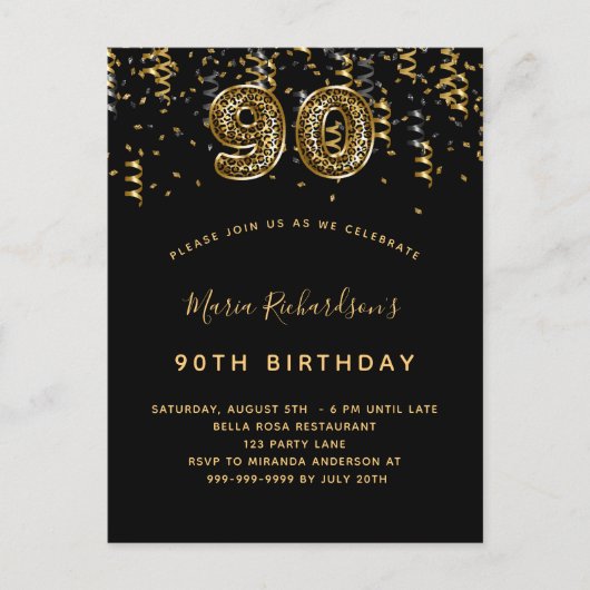 90e verjaardag zwarte goudlauwdruk uitnodiging briefkaart (Voorkant)
