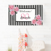 90e verjaardag zwarte witte strepen bloemen spandoek (Insitu)