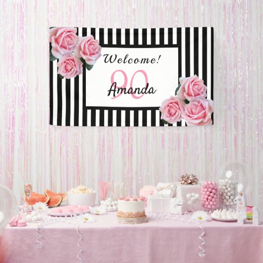 90e verjaardag zwarte witte strepen bloemen spandoek (Feest)