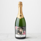 90e verjaardag zwarte witte strepen bloemfoto sparkling wijnetiket (Voorkant)