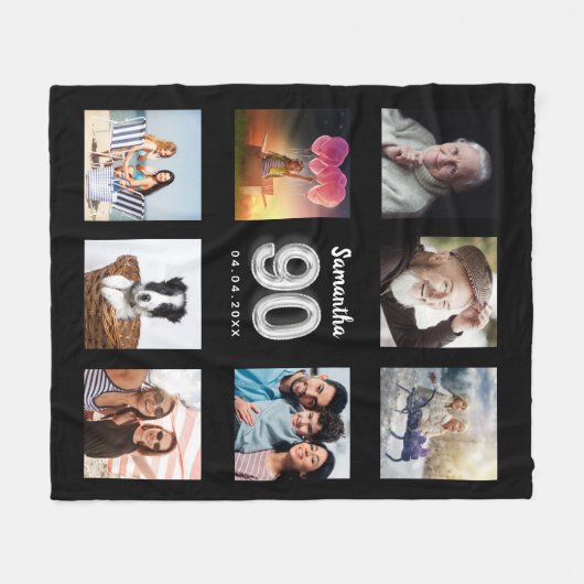 90e verjaardag zwarte zilveren foto collage naam fleece deken (Voorkant (Horizontaal))