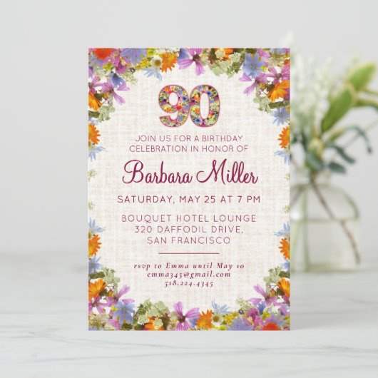 90e verjaardagsfeest - Elegant bloemsierlinnen Kaart (Staand voorkant)