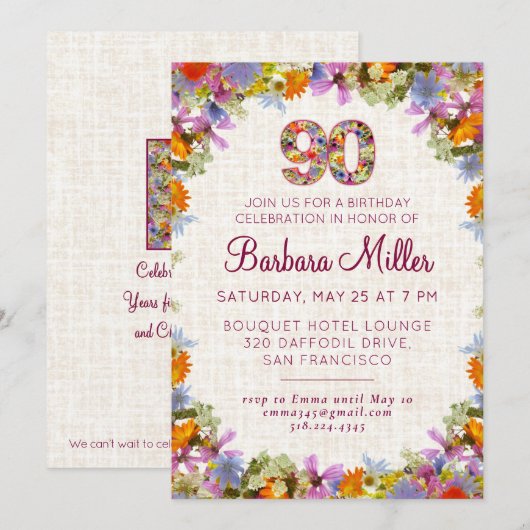 90e verjaardagsfeest - Elegant bloemsierlinnen Kaart (Voorkant / Achterkant)