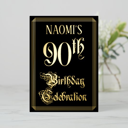 90e verjaardagsfeest — Fantasievol script & aangep Folie Uitnodiging (Staand Voorkant)