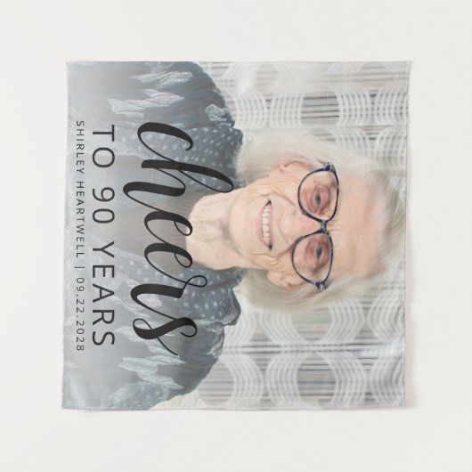 90e verjaardagsfeest Foto Black Script Cheers Wandkleed (Voorkant (horizontaal))