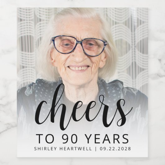 90e verjaardagsfeest Foto Black Script Cheers Wijn Etiket (Enkel label)