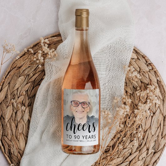 90e verjaardagsfeest Foto Black Script Cheers Wijn Etiket