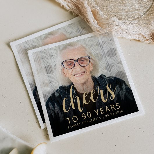 90e Verjaardagsfeest Foto Gouden Script Proost Servet