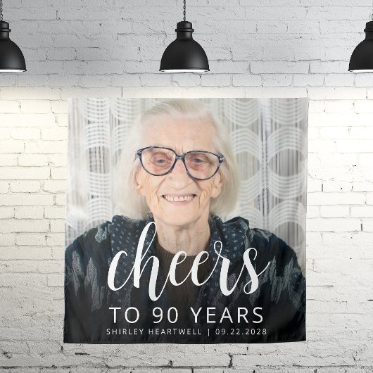 90e Verjaardagsfeest Foto Wit Schrift Cheers Wandkleed