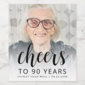 90e Verjaardagsfeest Foto Zwarte Script Proost Wijn Etiket (Enkel label)