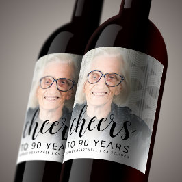 90e Verjaardagsfeest Foto Zwarte Script Proost Wijn Etiket
