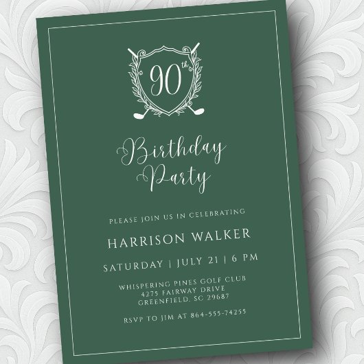 90e Verjaardagsfeest Golf Crest Elegant Schrift Sa Kaart