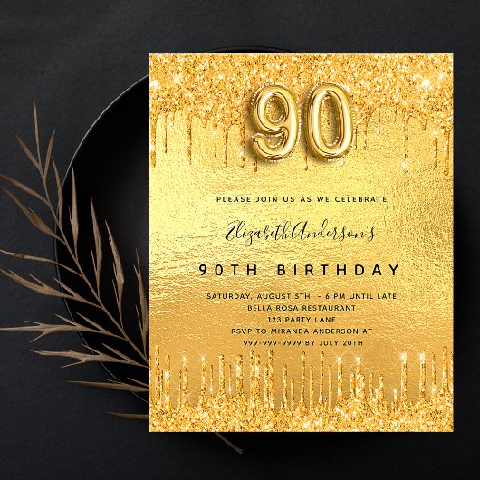 90e verjaardagsfeest gouden glitter budget uitnodi flyer