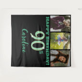 90e verjaardagsfeest, groene glitters & 3 foto's wandkleed (Voorkant (horizontaal))
