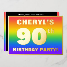 90e verjaardagsfeest: leuk, kleurrijk regenboogpat folie uitnodiging