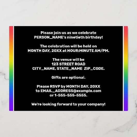 90e verjaardagsfeest: leuk, kleurrijk regenboogpat folie uitnodiging (Achterkant)