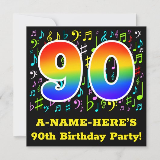 90e verjaardagsfeest: leuke muzieksymbolen, regenb kaart (Voorkant)