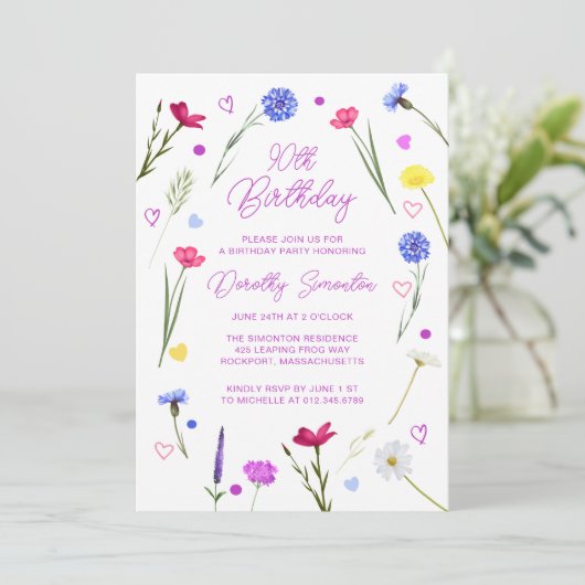 90e verjaardagsfeest Paarse Wildflower Meadow Kaart (Staand voorkant)