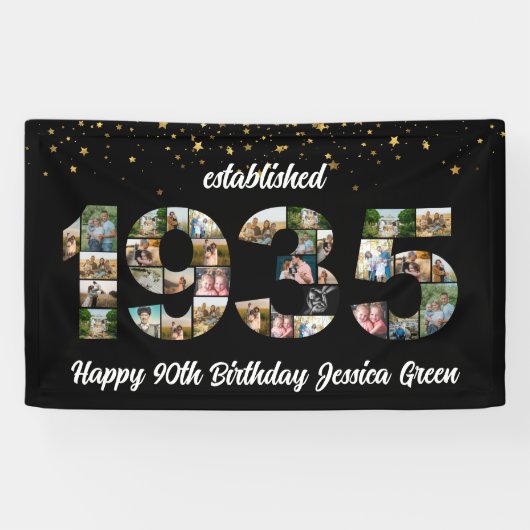 90e verjaardagsfeest Photo Collage Opgericht 1935 Spandoek (Horizontaal)