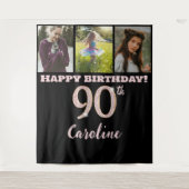 90e verjaardagsfeest, Roos Gold Glitter & 3 foto's Wandkleed (Voorkant)