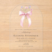 90e verjaardagsfeest Roze Strik Wilde Bloemen Boog Acryl Uitnodigingen (Voorkant)