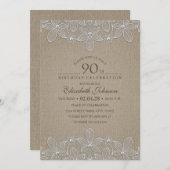 90e verjaardagsfeest rustieke jute parels en kant kaart (Voorkant / Achterkant)