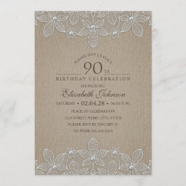 90e verjaardagsfeest rustieke jute parels en kant kaart