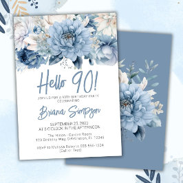 90e Verjaardagsfeest Stofblauw Bloemmotief Kaart