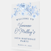 90e Verjaardagsfeest Welkom Blauw Roos Bloemen Acryl Bord (Hoek)