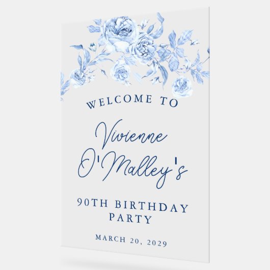 90e Verjaardagsfeest Welkom Blauw Roos Bloemen Acryl Bord (Hoek)