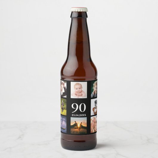 90e verjaardagsfeestje foto collage man zwarte bier etiket (Voorkant)