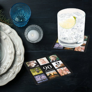 90e verjaardagsfeestje foto collage man zwarte kartonnen onderzetters