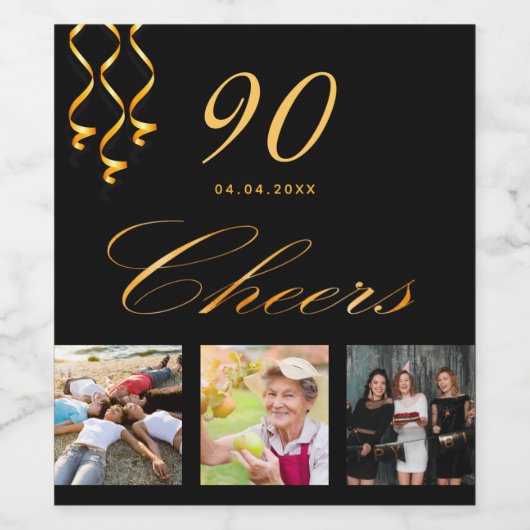 90e verjaardagsfeestje foto zwart gouden bedrieger wijn etiket (Enkel label)