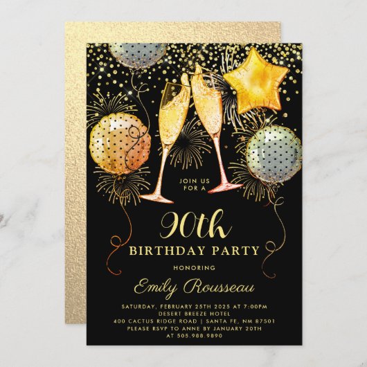 90e verjaardagsfeestje Goud Zwart Glitter Confetti Kaart (Voorkant / Achterkant)