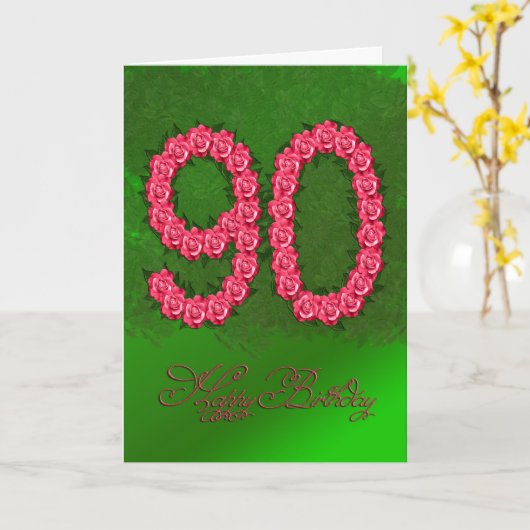 90e verjaardagskaart met rozen en bladeren kaart (Gele Bloem)