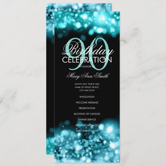 90e Verjaardagsprogramma Glam Lights Blauwgroen Me Programmakaart (Voorkant / Achterkant)