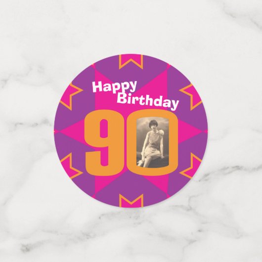 90e verjaardagsster roze oranje artikel confetti (Kleine voorkant)